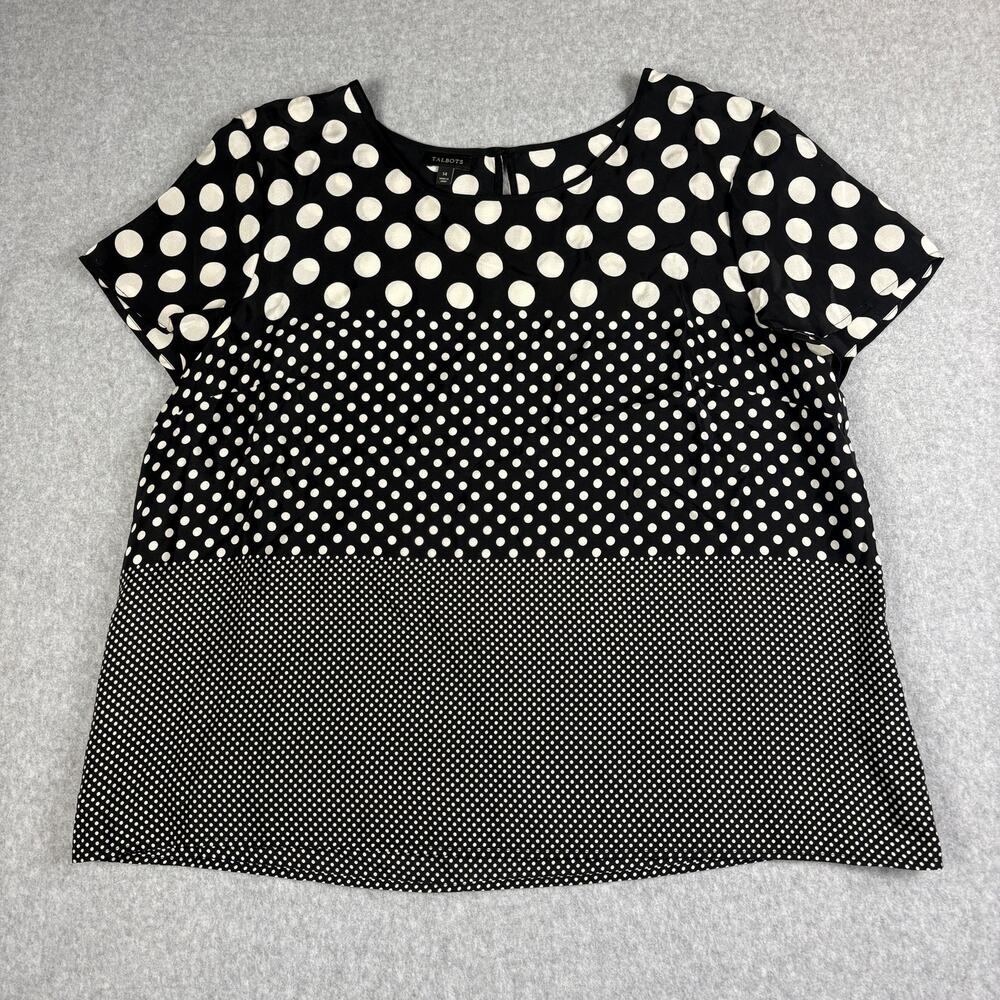 Talbots Silk Blouse 14 Black White Polka Dot Short Sleeve Career Quiet Luxury
